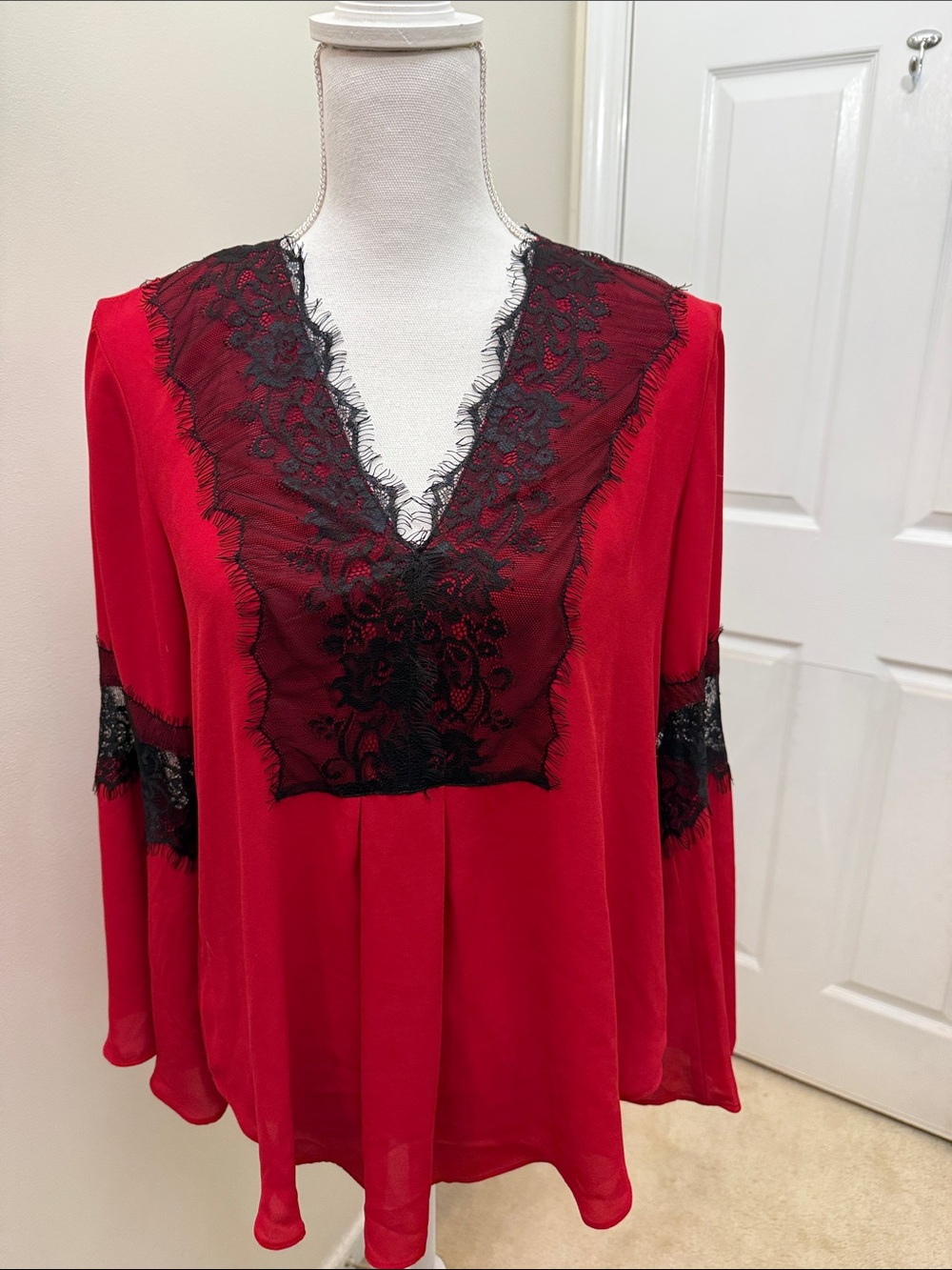 New York & Company Red V-Neck Blouse with Black Lace Trim